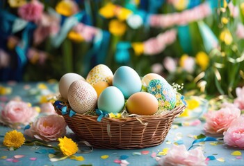 colorful vibrant egg arrangements set bright festive background perfect celebrations decorations, spring, holiday, design, art, pattern, display, traditional