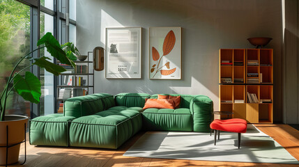  A bright modern living room with a large green Togo sofa, a vibrant orange ottoman, and decorative elements on the wall that add coziness and style to the space