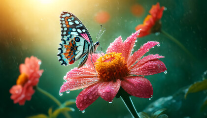 Beautiful butterfly perched on a flower after the rain.  Atmosphere after rain. Copy space. Design. Cover. Wallpaper.