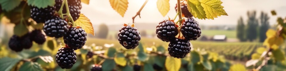 Sticker - Blackberry. Fresh blackberries in the garden. A bunch of ripe blackberry fruits on a branch with green leaves. Beautiful natural background. Blackberry harvest. Selective focus.