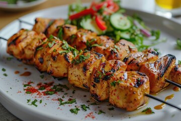 Grilled chicken skewers served with a fresh salad on a white plate.