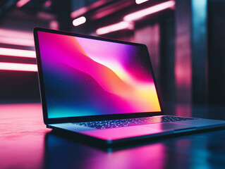 graphic 3d model style of laptop computer mockup in dark background theme.