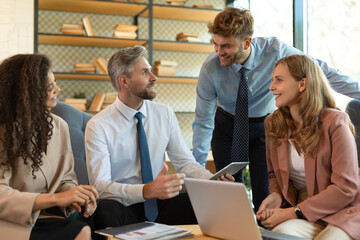 Poster - Business team discussing together business plans in office.