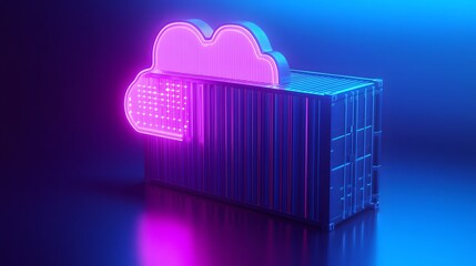 Abstract image of a neon cloud symbol connected to a futuristic server in a blue and pink glow, representing cloud computing technology.