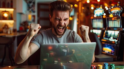 Online casino player celebrating a big win, laptop screen displaying winning slot machine