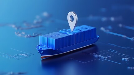 Container ship with GPS location pin for tracking, representing global shipping and logistics on a blue digital background.