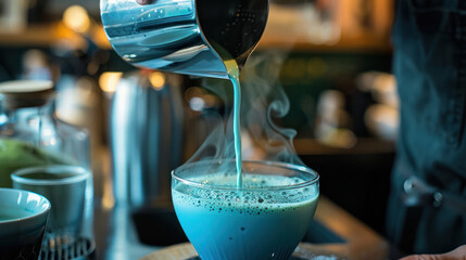 Wall Mural - Pouring Blue Matcha Latte in a Cafe