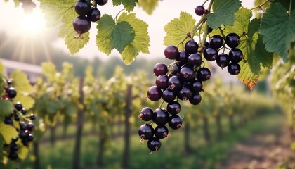 Sticker - Bush of black currant with ripe bunches of berries and leaves on blurred natural green background. Harvesting on farm.