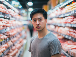 Wall Mural - Sad and disappointed asian man shopping in the retail grocery supermarket stoure.