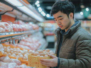 Wall Mural - Sad and disappointed asian man shopping in the retail grocery supermarket stoure.