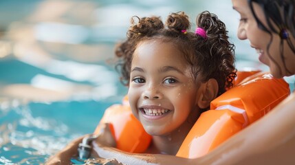 adorable multiracial three-year-old girl wearing flotation devices smiling while learning to swim wi