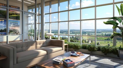 Wall Mural - An office break area with a comfortable couch, a coffee table with magazines, and a large window offering a scenic view.