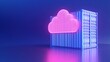 © Tackey - Futuristic concept of cloud computing with glowing neon cloud symbol and shipping container on a reflective surface.
