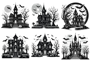 spooky haunted house illustrations with bats and pumpkins in black and white; halloween poster