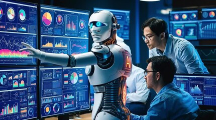 An AI robot and a data scientist analyze intricate algorithms on multiple high-tech monitors, highlighting the future of data-driven innovation