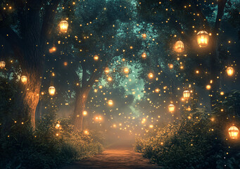 Canvas Print - Enchanting Forest Path with Lanterns and Fairy Lights.