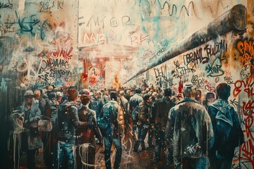 Abstract Illustration of Berlin Wall's Fall with Crowds and Graffiti.