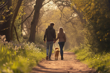 Wall Mural - Couple with a dog walks on spring park, back view. AI generated