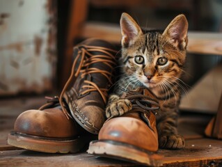 A curious kitten sits in old boots surrounded by autumn leaves in a forest landscape