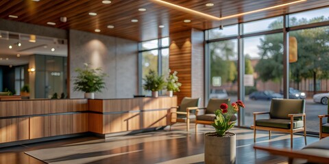 Modern reception interior with wooden elements and plants

