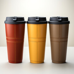 Coffee on the Go: Close-up of modern travel mugs or takeaway cups isolated on white background.