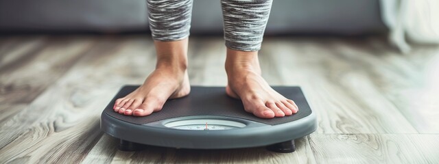 Closeup of woman standing on weight scale in living room at home