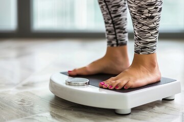 Closeup of woman standing on weight scale in living room at home