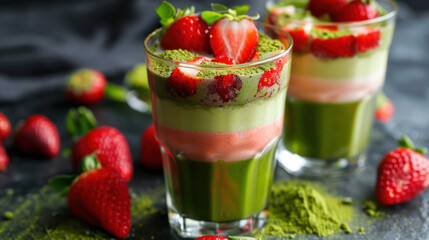 Sticker - Layered Matcha Strawberry Latte With Fresh Strawberries