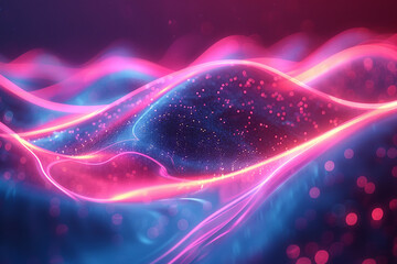 Wall Mural - An abstract futuristic background features vibrant pink and blue glowing neon waves moving at high speed, accompanied by mesmerizing bokeh lights, creating a dynamic and captivating technological dis