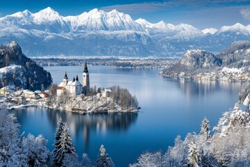 Wall Mural - A stunning winter scene featuring a serene lake surrounded by snow-covered mountains and a picturesque island with a charming castle. Perfect for travel and landscape themes. Generative AI