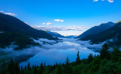 A serene mountain lake, shrouded in morning mist, with a deep blue sky and rolling hills in the background.