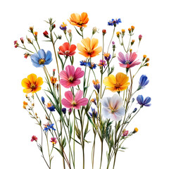 Vibrant Wildflowers Isolated on Plain White Transparent Background PNG with High Detail