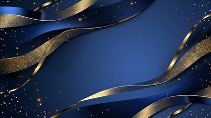 Wall Mural - Blue background with golden lines, blue ribbon, glitter light effect and bokeh decoration. Luxury style design background