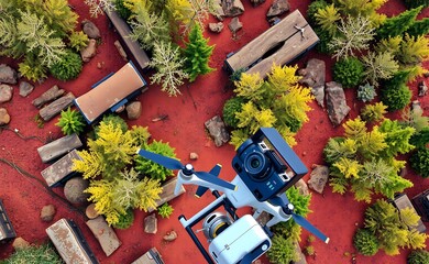 A white drone with black propellers is flying over red ground with green and yellow plants and wooden planks.