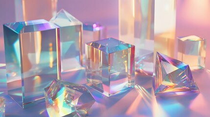 Wall Mural - 23. geometric forms with a holographic sheen and transparent quality, set against a clear backdrop