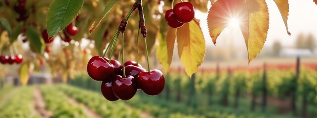 Poster - Close up on big Cherries hanging on a cherry tree branch.