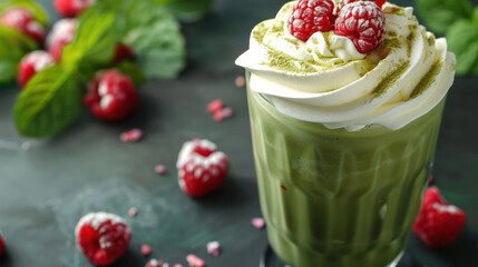 Wall Mural - Matcha Frappuccino With Whipped Cream and Raspberries