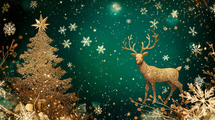 Christmas background with glittering christmas tree, snowflakes and deer with antlers