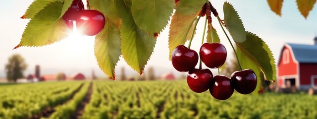 Poster - Close up on big Cherries hanging on a cherry tree branch.