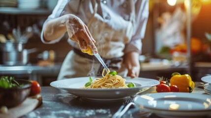 Wall Mural - Woman chef preparing pasta on table closeup view