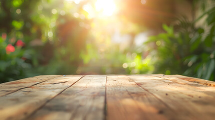 A shot of a wooden table in the park. Space for product placement