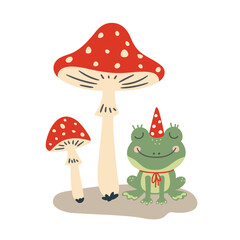 Wall Mural - cartoon frog sits under fly agaric mushrooms, cute flat style