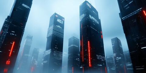 Wall Mural - Cyberpunk Cityscape: Towering steel and neon glow against a backdrop of swirling fog, capturing the essence of a futuristic cityscape in a vibrant and evocative composition.  