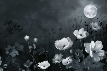 Fototapete - black and white photo of full moon, black and white photo of full moon, moonlit garden of blooming flowers in grayscale color scheme