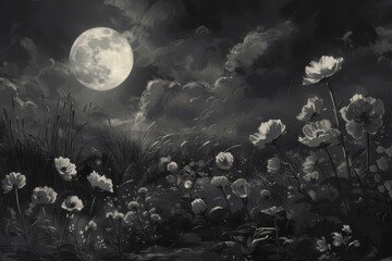 Fototapete - black and white photo of full moon, black and white photo of full moon, moonlit garden of blooming flowers in grayscale color scheme