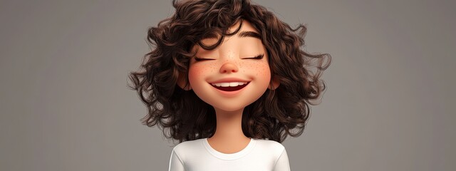 Charming cheerful 3D cartoon girl with curly brown hair in a white t shirt eyes closed and expressing excitement set against a grey backdrop