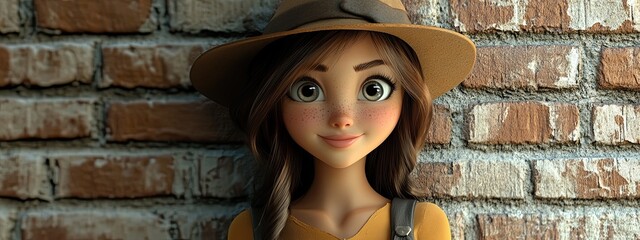 Wall Mural - 3D Cartoon of Fashionable Teen Girl in Hat with Trendy Hair Smile by Stone Wall