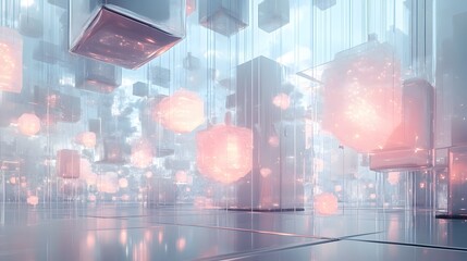 Wall Mural - 58. ethereal, floating structures with glowing patterns and a clear, transparent backdrop