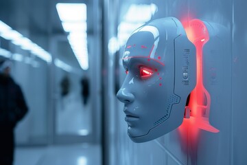 Aufkleber - a woman with glowing face and head, An advanced biometric security system scans your face or fingerprints for access
