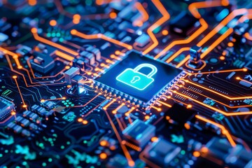Fototapete - circuit with padlock on it, An advanced cybersecurity system protects against online threats and data breaches